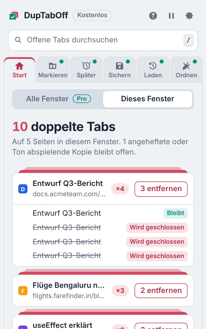 Das DupTabOff-Fenster listet doppelte Tabs auf und zeigt, welche Kopie jeder Seite geöffnet bleibt