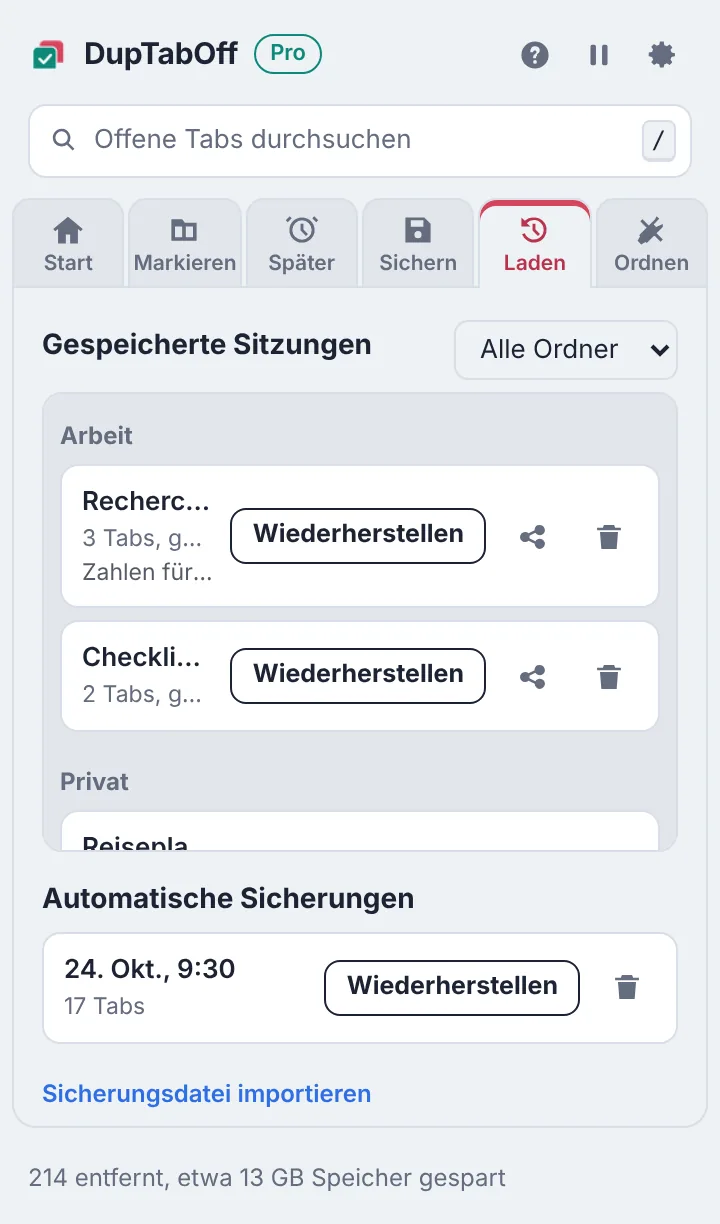 Gespeicherte Sitzungen in Ordnern, mit Schaltflächen zum Wiederherstellen und Teilen