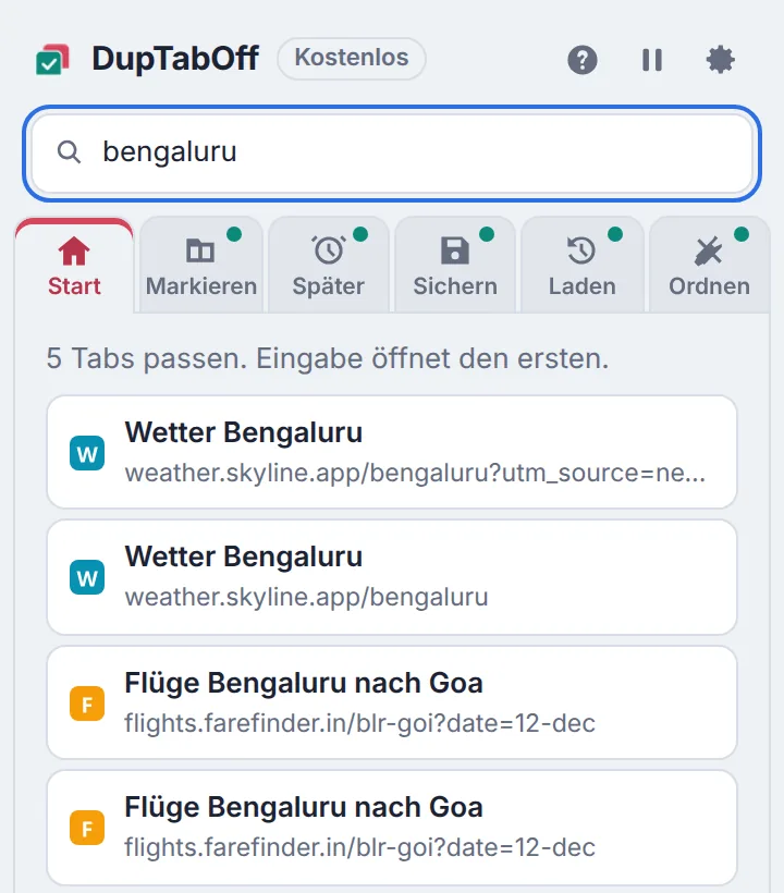 Eine Suche im Fenster listet passende Tabs aus allen Fenstern auf