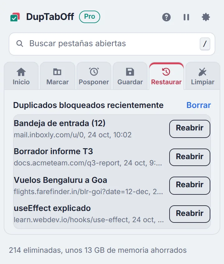 Modo de prevención activado, con una lista de duplicados evitados recientemente y botones para volver a abrirlos