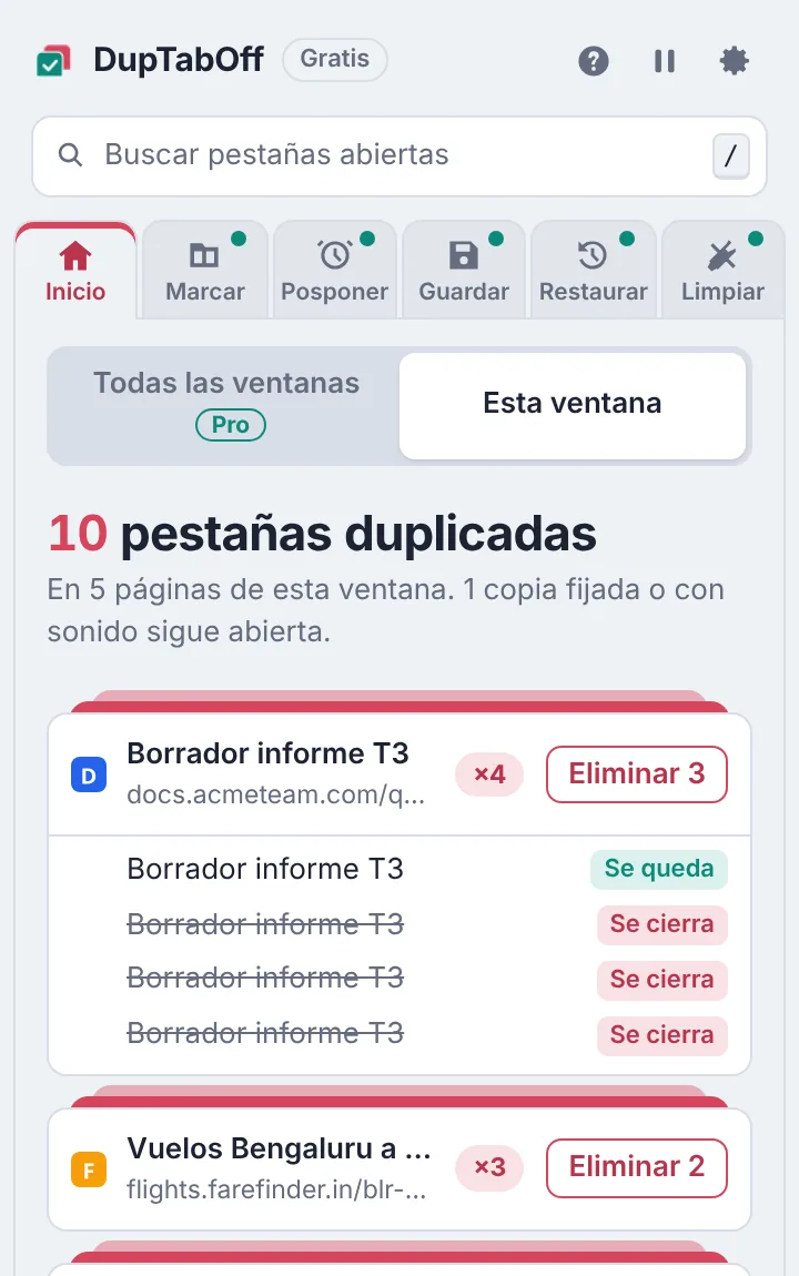Ventana de DupTabOff con pestañas duplicadas: una página abierta cuatro veces, una copia se queda y tres se cierran