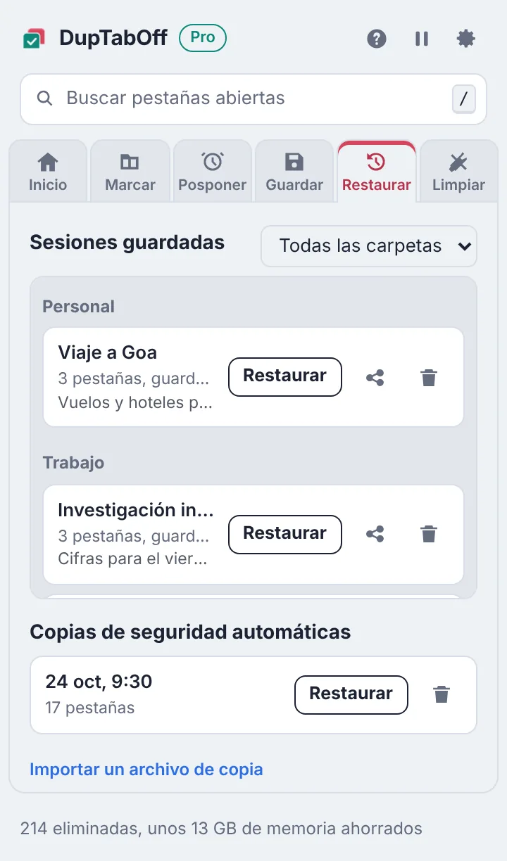 Sesiones guardadas organizadas en carpetas, con botones para restaurar y compartir