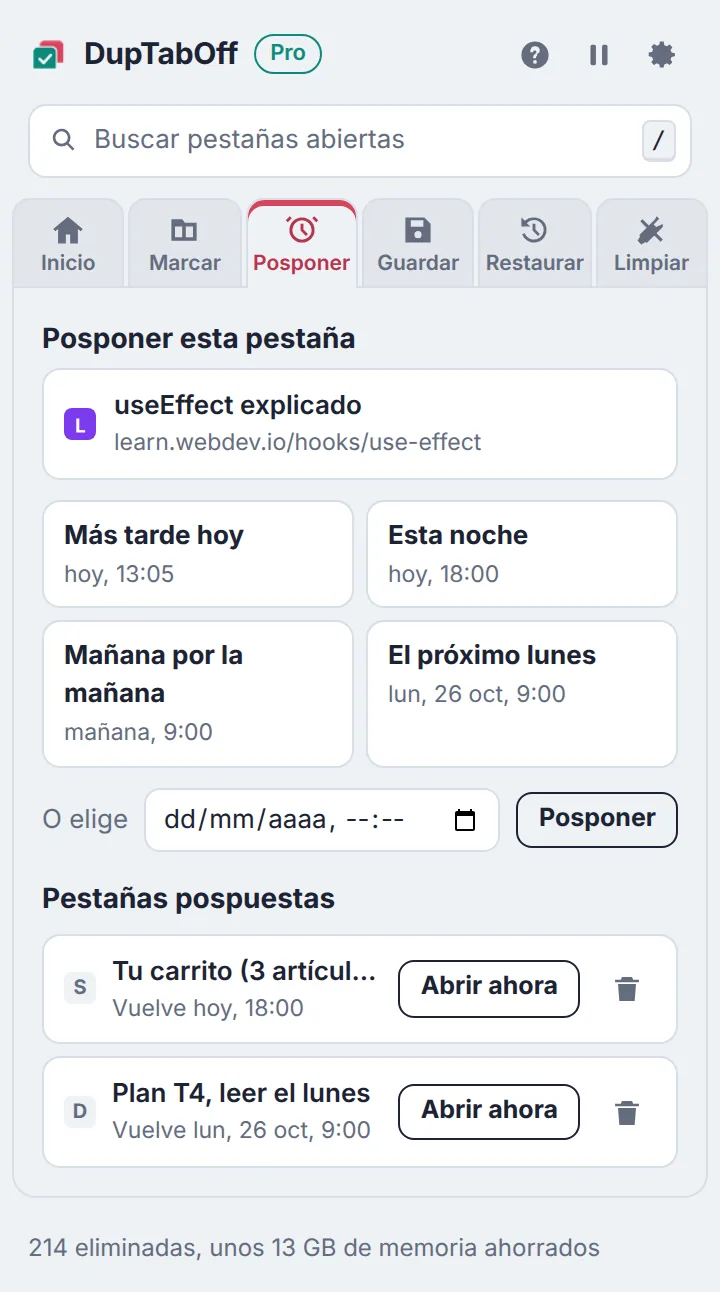 Pantalla para posponer con más tarde hoy, esta noche, mañana por la mañana y el próximo lunes, y dos pestañas pospuestas
