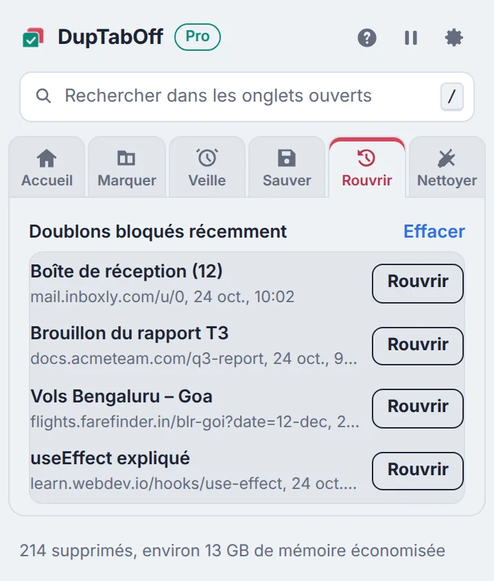 Mode prévention activé, avec la liste des doublons bloqués récemment et des boutons Rouvrir