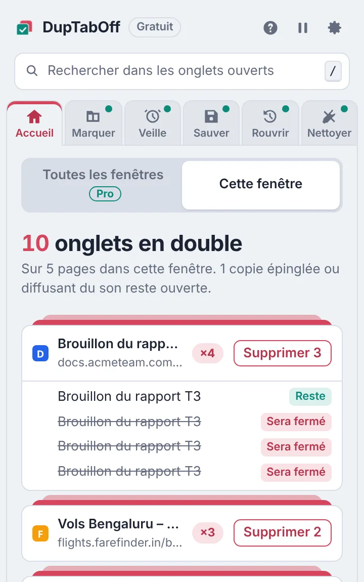 La fenêtre DupTabOff liste les onglets en double et indique quelle copie de chaque page reste ouverte