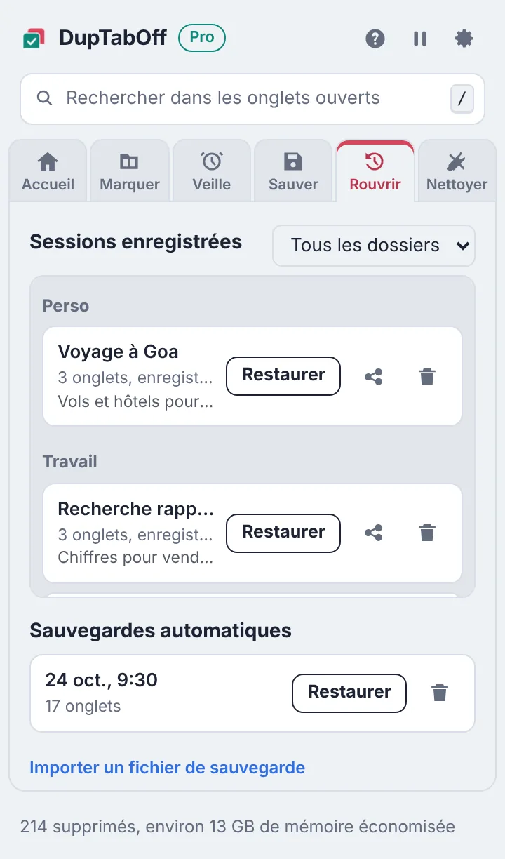 Sessions enregistrées classées en dossiers, avec les boutons Restaurer et Partager