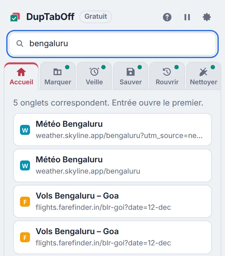 Une recherche dans la fenêtre liste les onglets correspondants dans toutes les fenêtres