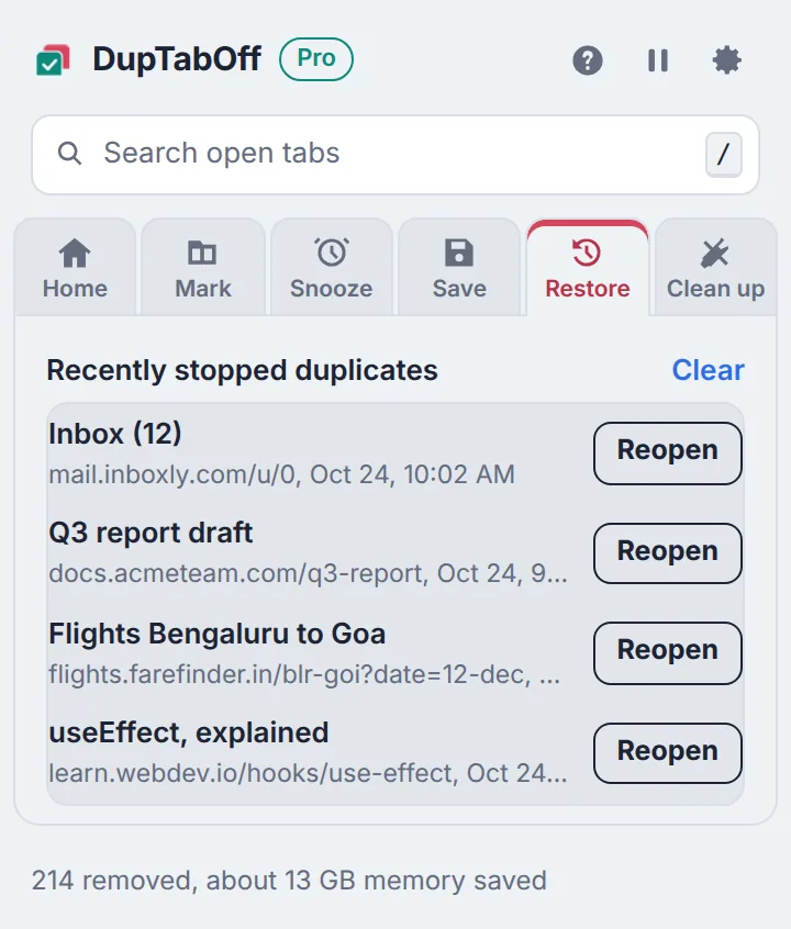 Prevention mode switched on, with a list of recently stopped duplicate pages and Reopen buttons