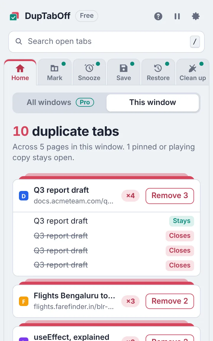 The DupTabOff popup listing duplicate tabs and which copy of each page stays open