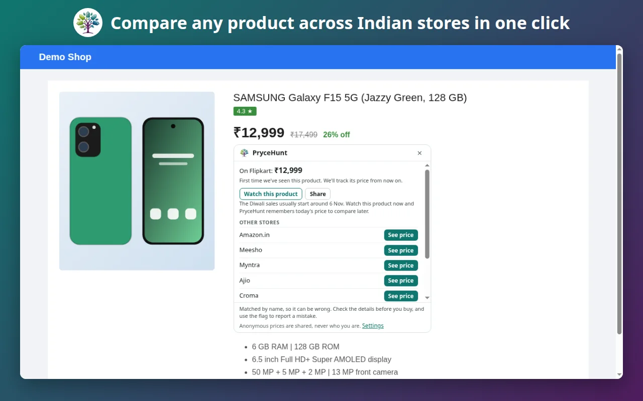 PryceHunt's comparison box on a product page, with a button for each other store