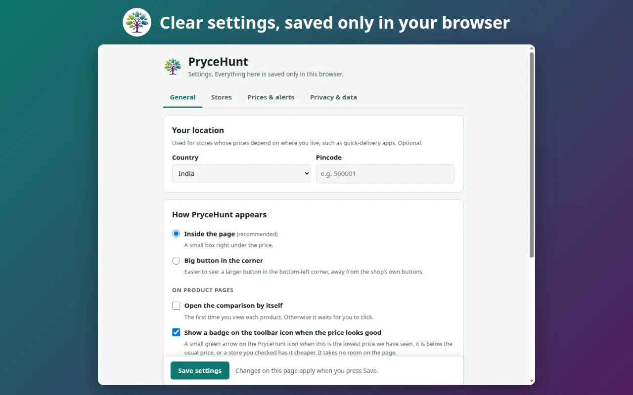 PryceHunt's settings page, divided into General, Stores, Prices and alerts, and Privacy and data