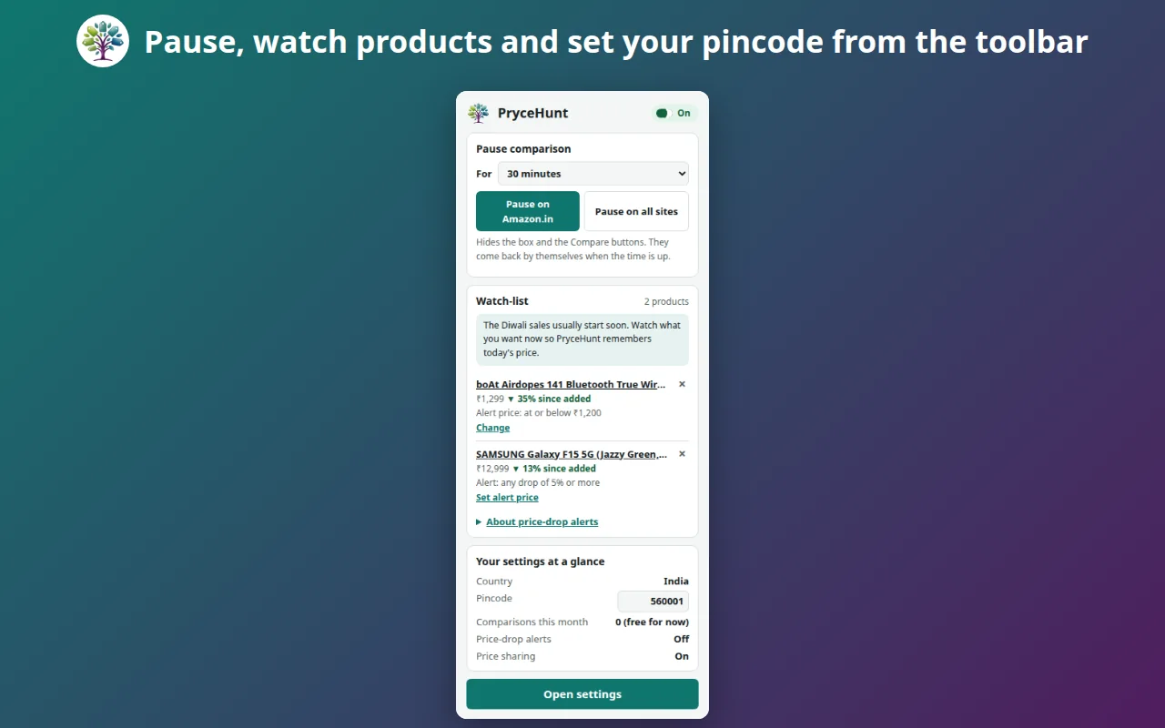PryceHunt's toolbar menu, with pause, the watch-list and a pincode box