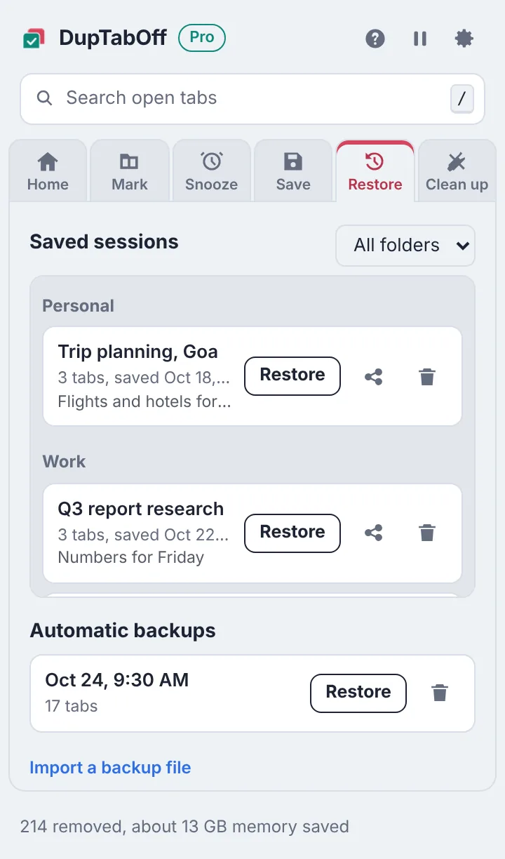 Saved sessions grouped into folders, with Restore and Share buttons
