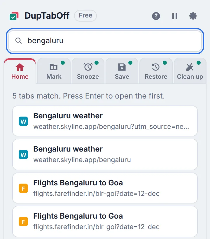 A search in the popup listing matching tabs across windows