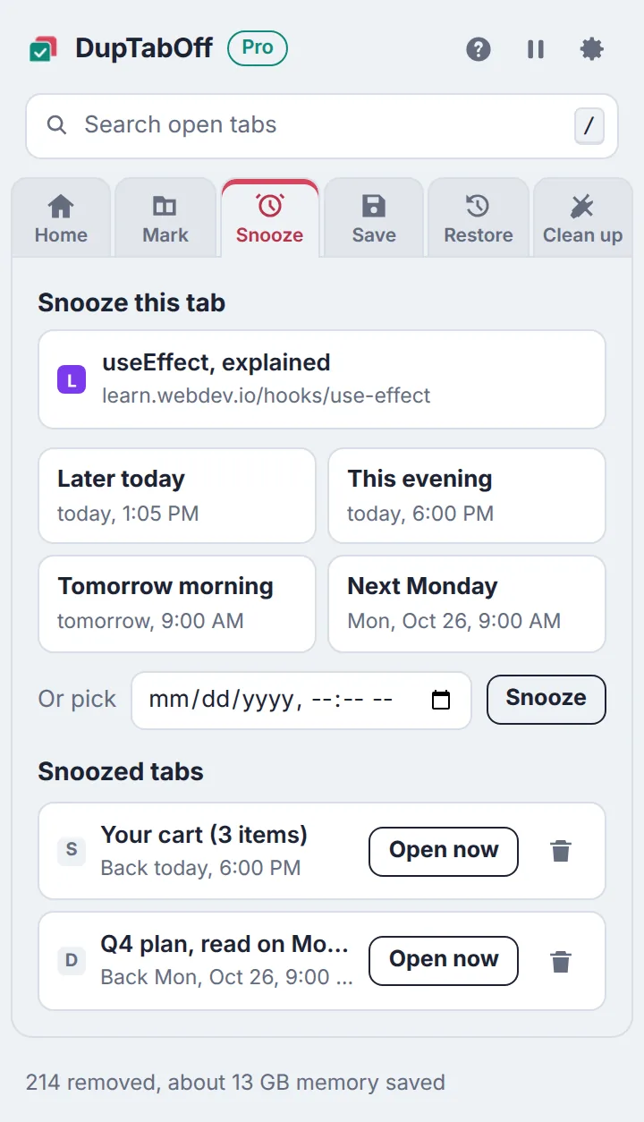 Snooze screen with later today, this evening, tomorrow morning and next Monday, and two snoozed tabs